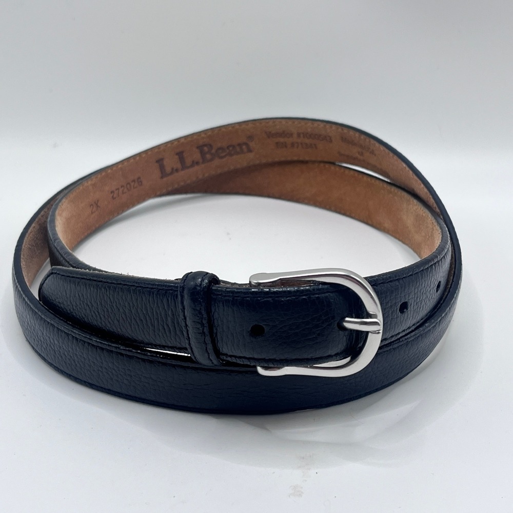 LL Bean Mens Black Full Grain Leather Belt Silver Buckle 2X Fits 48-50in